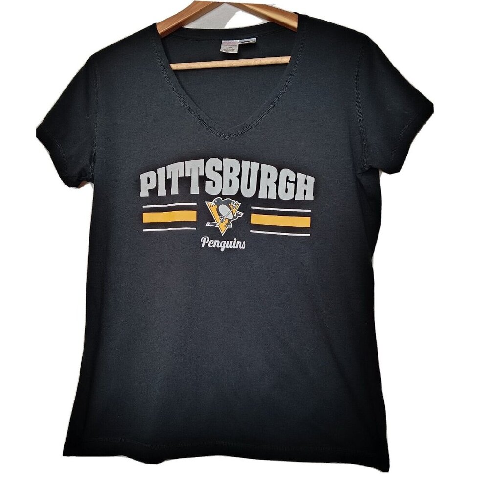 Pittsburgh Penguins Womens Large T Shirt Black V Neck NHL Hockey Top Sideline